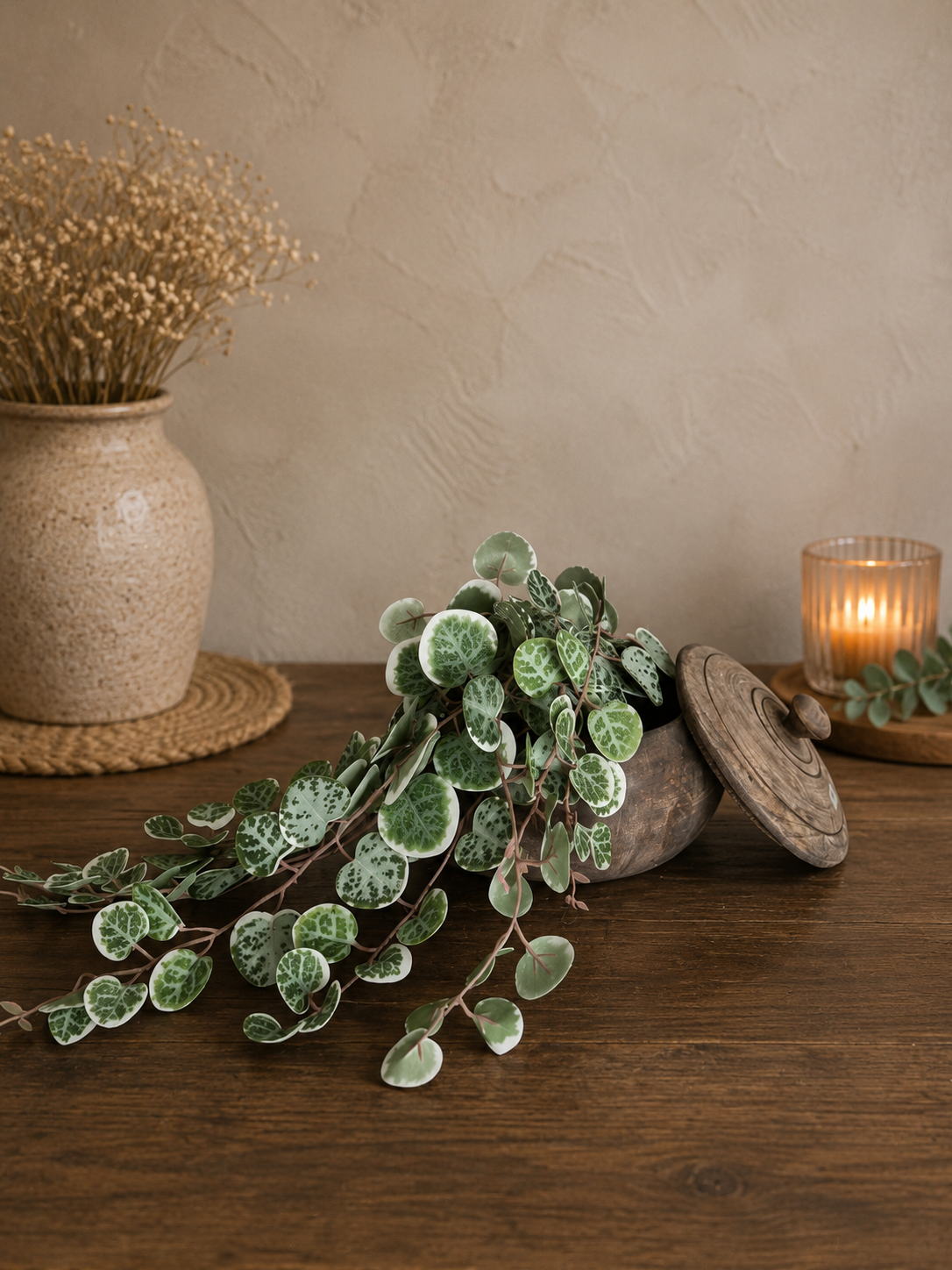 Kunstplant Ceropegia Woodii in Nepalese pot met deksel
