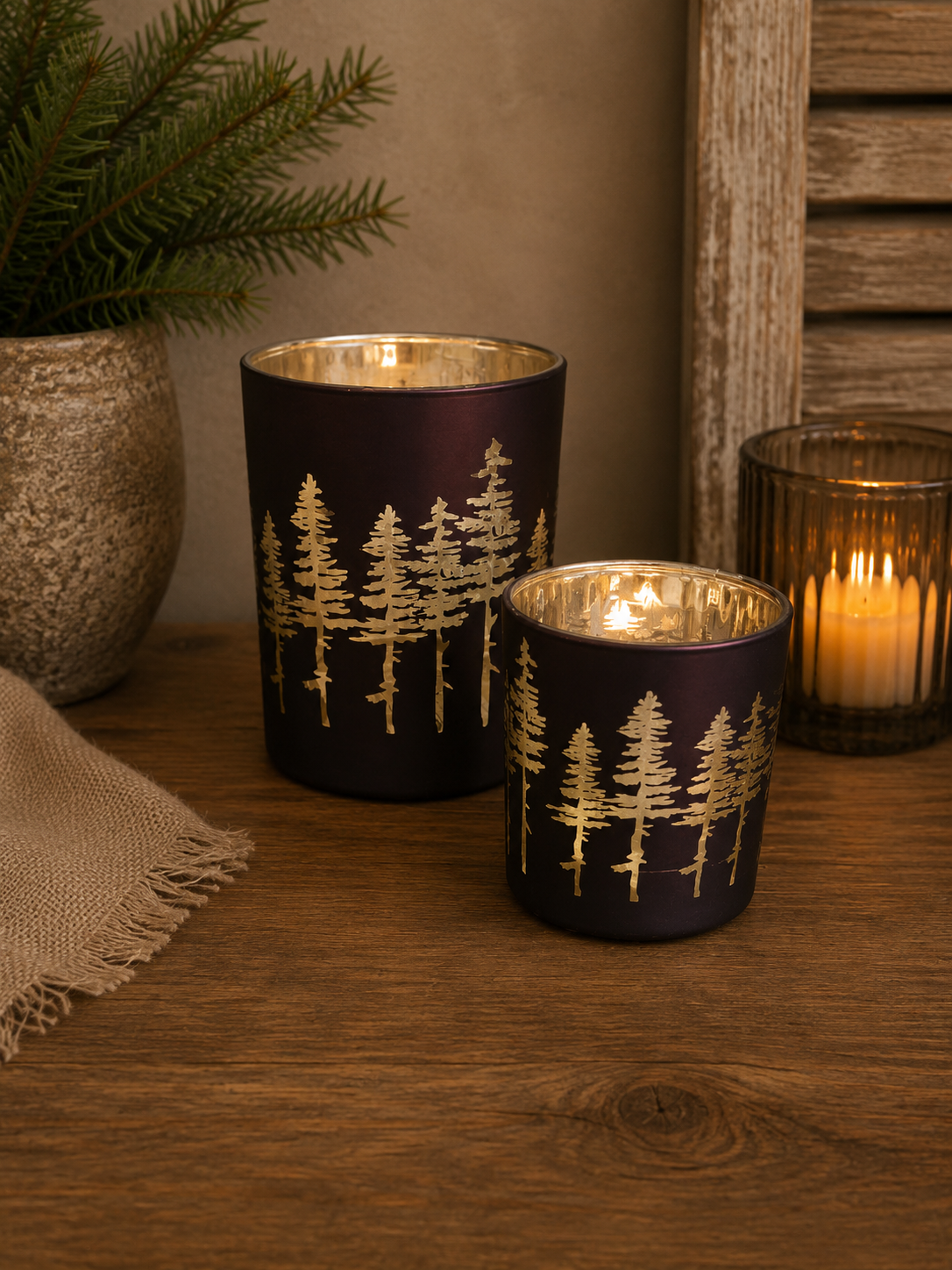 Windlichten Dennenbos Set van 2
