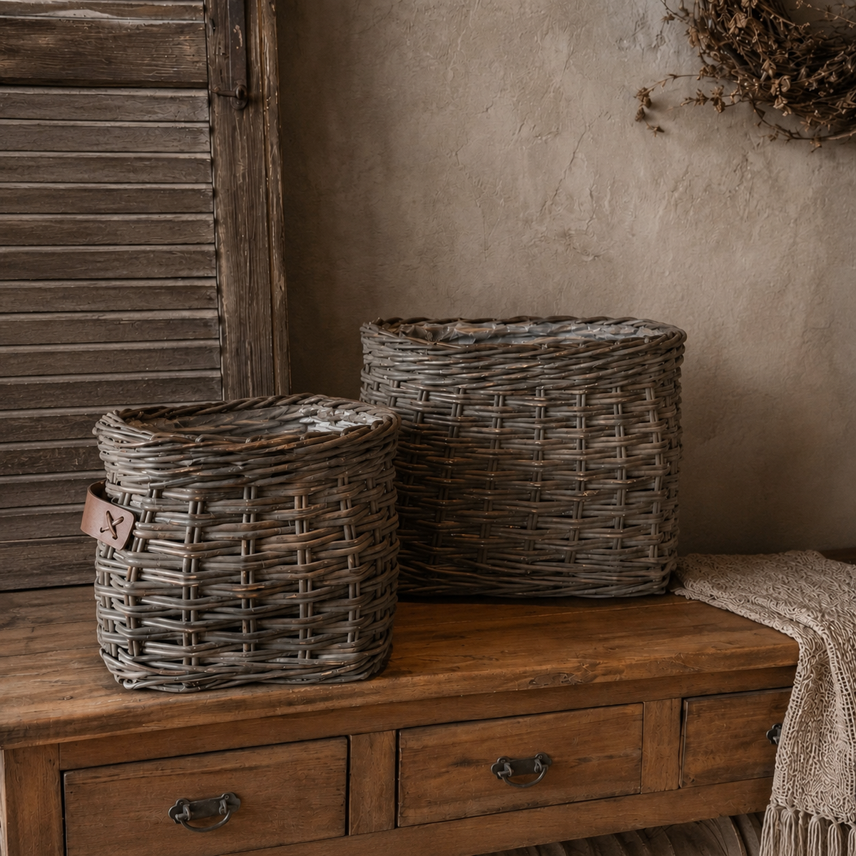 Landelijke Rattan Mand Set Old Grey groot